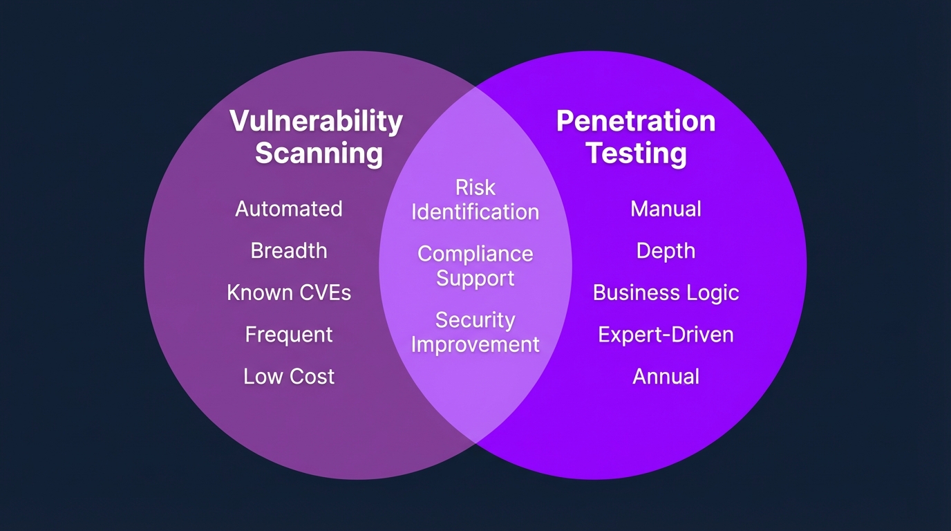 Penetration Testing vs Vulnerability Scanning Venn Diagram — Comparing Scope, Approach, and Output