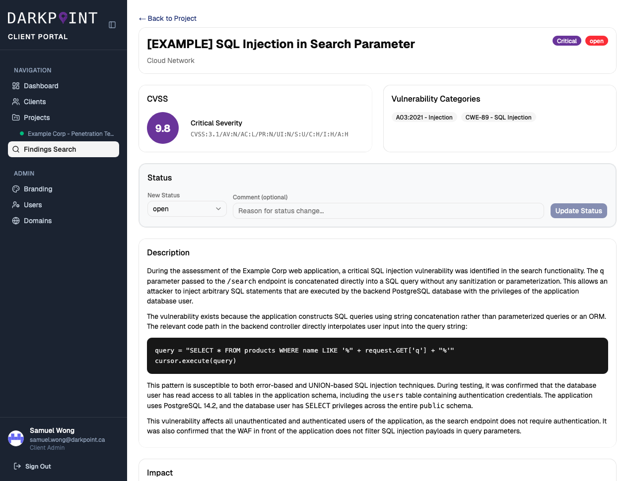 DarkPoint Client Portal Finding Detail
