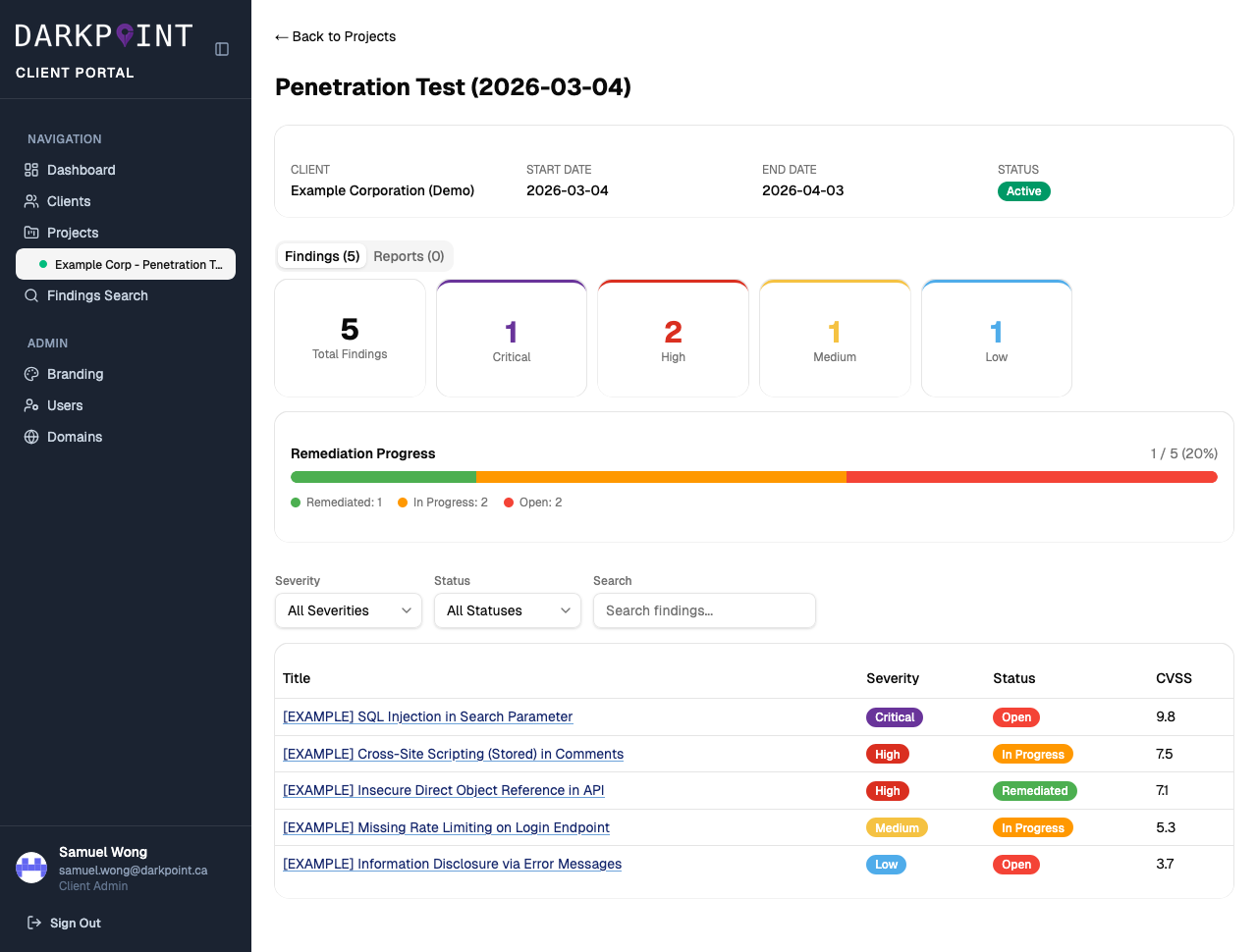 DarkPoint Client Portal Project View